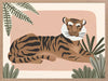 A relaxed tiger lounges among leafy jungle plants in soft pink and brown tones, from the Little Tails Collection by Urban Road.