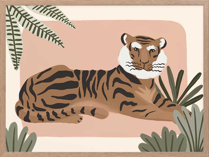 A relaxed tiger lounges among leafy jungle plants in soft pink and brown tones, from the Little Tails Collection by Urban Road.