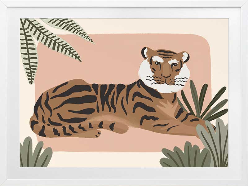 A relaxed tiger lounges among leafy jungle plants in soft pink and brown tones, from the Little Tails Collection by Urban Road.