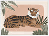 A relaxed tiger lounges among leafy jungle plants in soft pink and brown tones, from the Little Tails Collection by Urban Road.