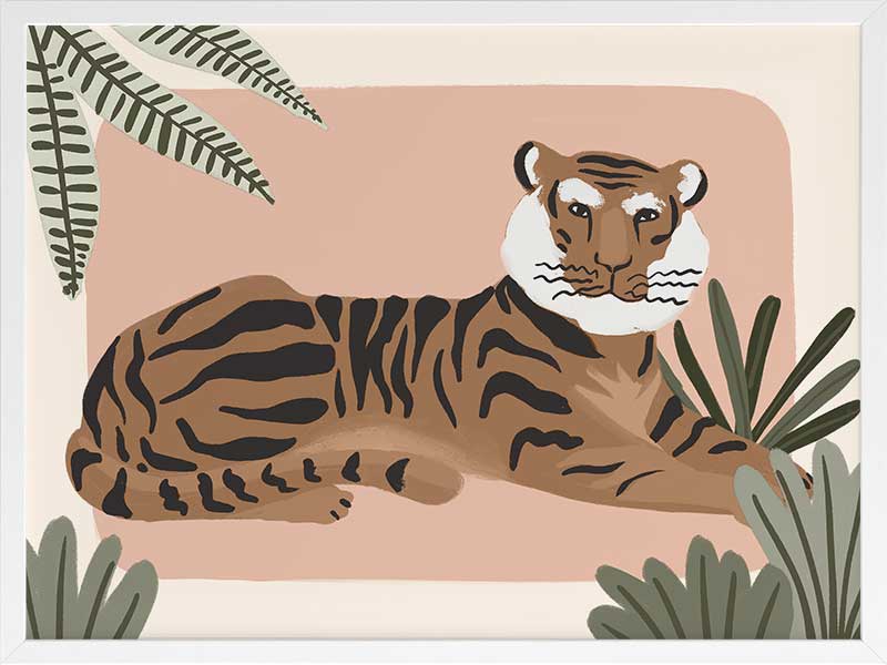 A relaxed tiger lounges among leafy jungle plants in soft pink and brown tones, from the Little Tails Collection by Urban Road.