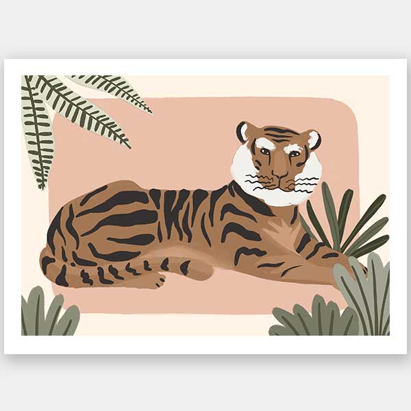 A relaxed tiger lounges among leafy jungle plants in soft pink and brown tones, from the Little Tails Collection by Urban Road.