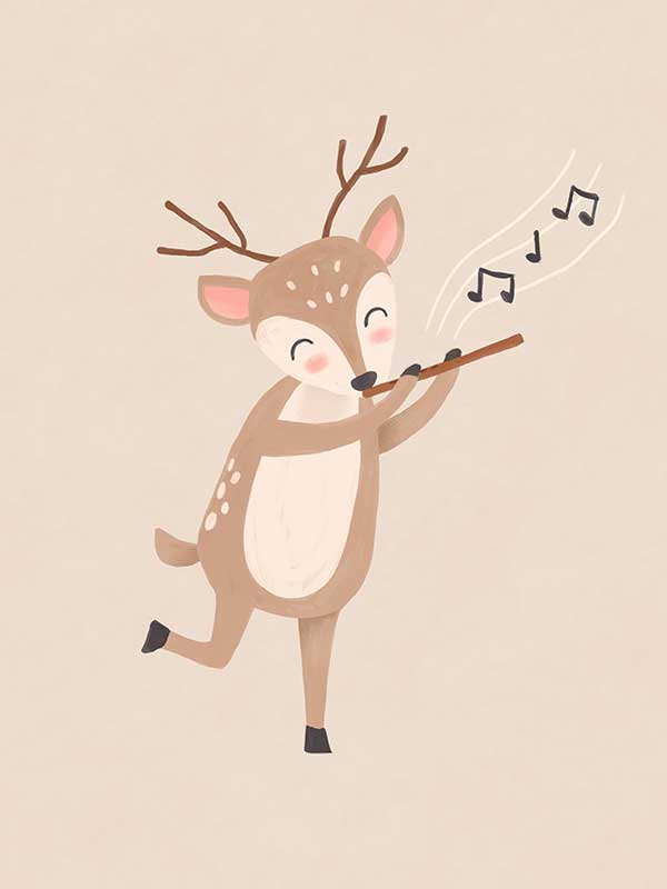A sweet deer plays a little flute with musical notes drifting in soft neutral browns, from the Little Tails Collection by Urban Road.