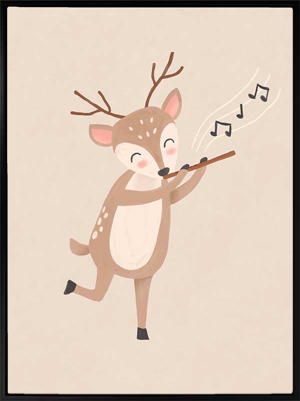 A sweet deer plays a little flute with musical notes drifting in soft neutral browns, from the Little Tails Collection by Urban Road.