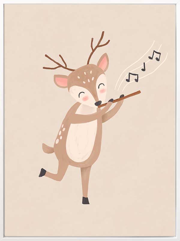 A sweet deer plays a little flute with musical notes drifting in soft neutral browns, from the Little Tails Collection by Urban Road.