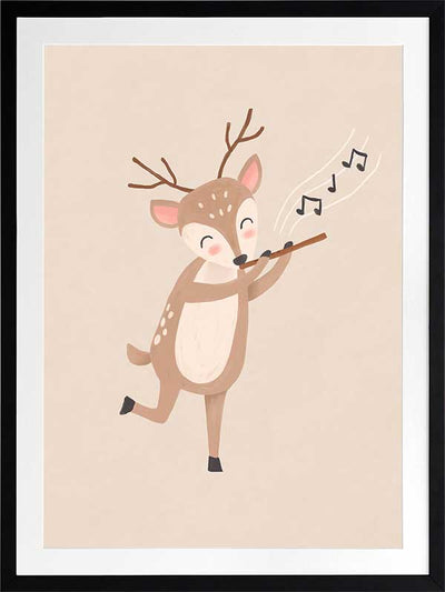 A sweet deer plays a little flute with musical notes drifting in soft neutral browns, from the Little Tails Collection by Urban Road.