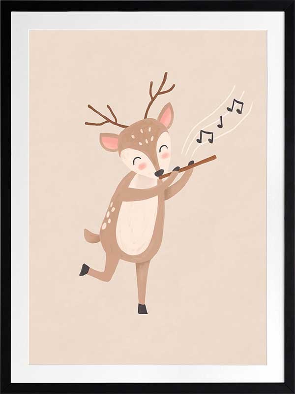 A sweet deer plays a little flute with musical notes drifting in soft neutral browns, from the Little Tails Collection by Urban Road.