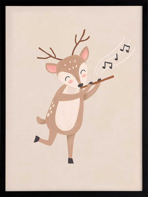 A sweet deer plays a little flute with musical notes drifting in soft neutral browns, from the Little Tails Collection by Urban Road.