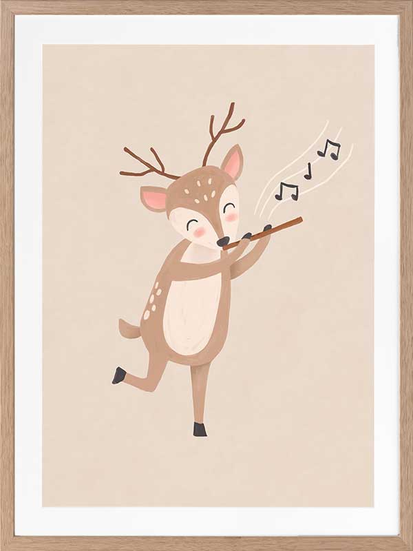 A sweet deer plays a little flute with musical notes drifting in soft neutral browns, from the Little Tails Collection by Urban Road.