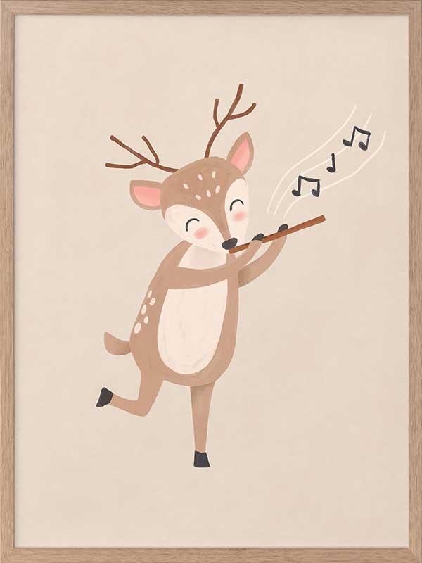 A sweet deer plays a little flute with musical notes drifting in soft neutral browns, from the Little Tails Collection by Urban Road.