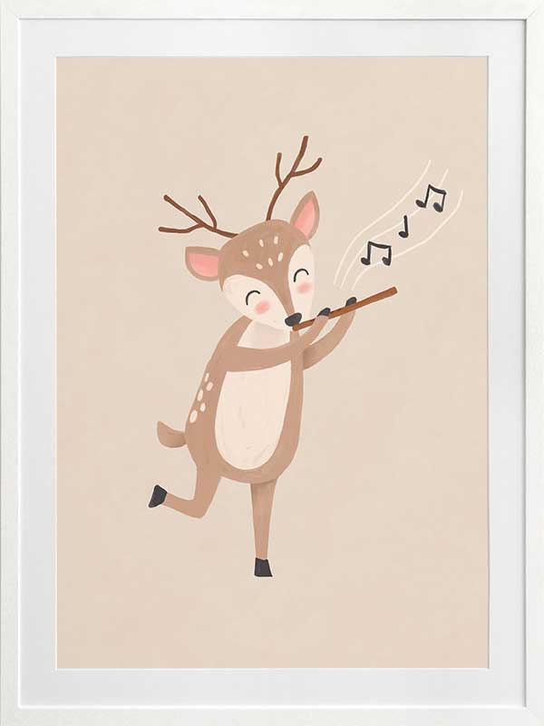 A sweet deer plays a little flute with musical notes drifting in soft neutral browns, from the Little Tails Collection by Urban Road.