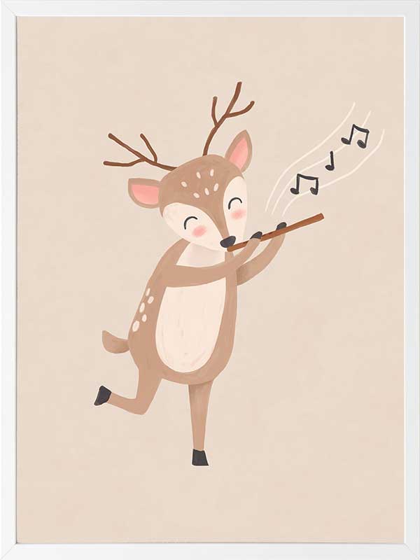 A sweet deer plays a little flute with musical notes drifting in soft neutral browns, from the Little Tails Collection by Urban Road.