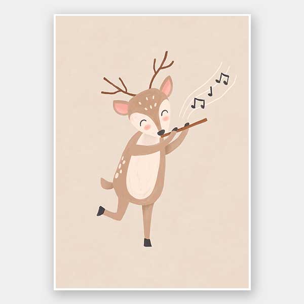 A sweet deer plays a little flute with musical notes drifting in soft neutral browns, from the Little Tails Collection by Urban Road.