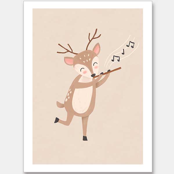 A sweet deer plays a little flute with musical notes drifting in soft neutral browns, from the Little Tails Collection by Urban Road.