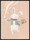 A white bunny holds a paintbrush and palette, sweeping playful painted swirls and star shapes across a pastel pink backdrop, from the Little Tails Collection by Urban Road.