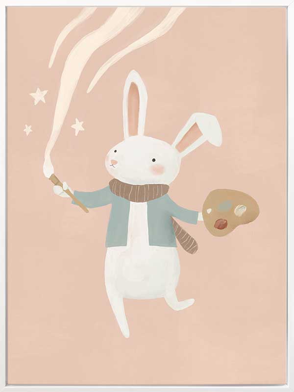 A white bunny holds a paintbrush and palette, sweeping playful painted swirls and star shapes across a pastel pink backdrop, from the Little Tails Collection by Urban Road.
