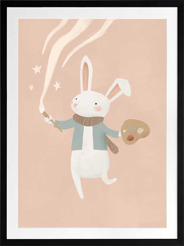 A white bunny holds a paintbrush and palette, sweeping playful painted swirls and star shapes across a pastel pink backdrop, from the Little Tails Collection by Urban Road.