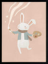 A white bunny holds a paintbrush and palette, sweeping playful painted swirls and star shapes across a pastel pink backdrop, from the Little Tails Collection by Urban Road.