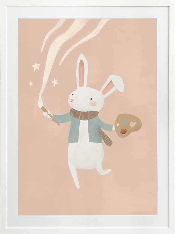 A white bunny holds a paintbrush and palette, sweeping playful painted swirls and star shapes across a pastel pink backdrop, from the Little Tails Collection by Urban Road.