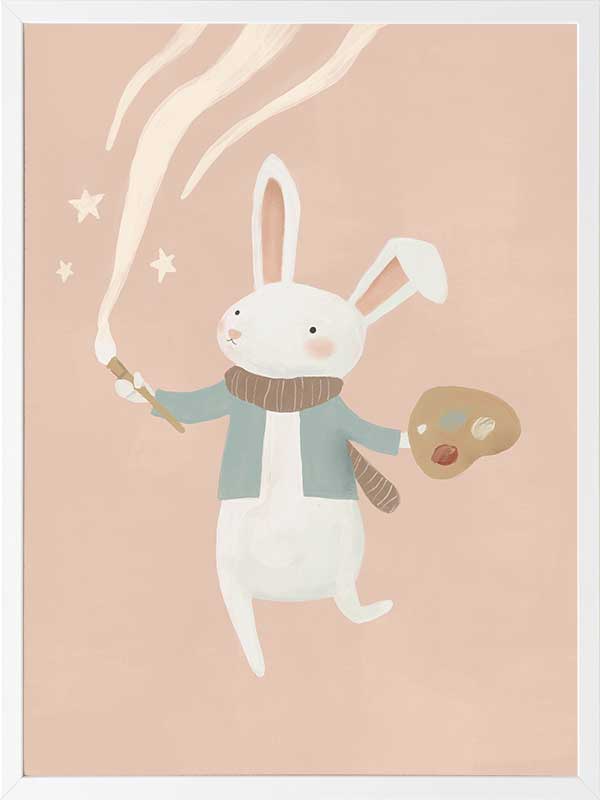 A white bunny holds a paintbrush and palette, sweeping playful painted swirls and star shapes across a pastel pink backdrop, from the Little Tails Collection by Urban Road.