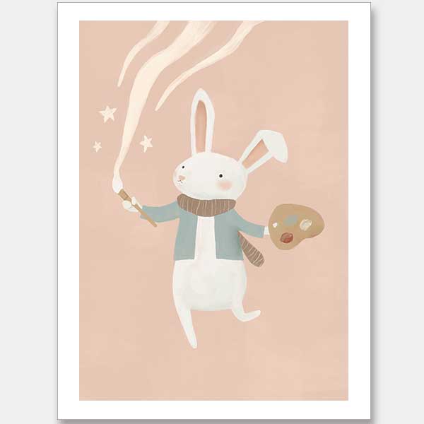 A white bunny holds a paintbrush and palette, sweeping playful painted swirls and star shapes across a pastel pink backdrop, from the Little Tails Collection by Urban Road.