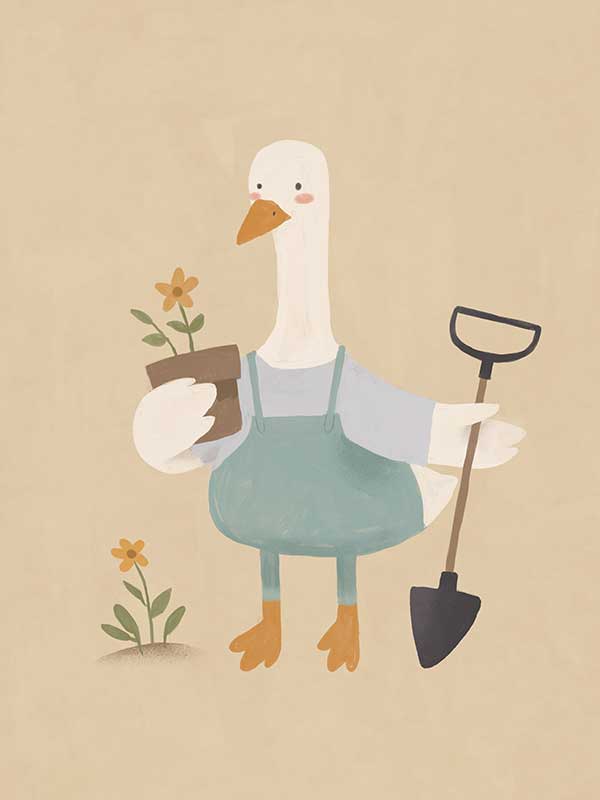 A goose in blue coveralls holds a flower pot and shovel among tiny blossoms, from the Little Tails Collection by Urban Road.