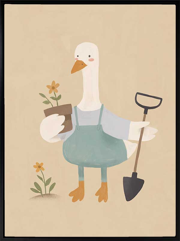 A goose in blue coveralls holds a flower pot and shovel among tiny blossoms, from the Little Tails Collection by Urban Road.