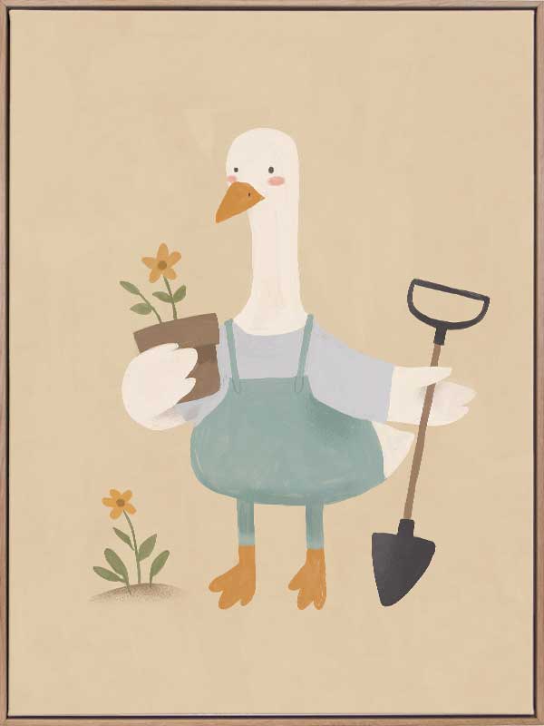 A goose in blue coveralls holds a flower pot and shovel among tiny blossoms, from the Little Tails Collection by Urban Road.