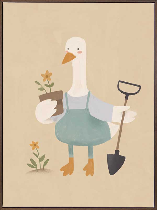 A goose in blue coveralls holds a flower pot and shovel among tiny blossoms, from the Little Tails Collection by Urban Road.