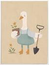 A goose in blue coveralls holds a flower pot and shovel among tiny blossoms, from the Little Tails Collection by Urban Road.