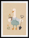 A goose in blue coveralls holds a flower pot and shovel among tiny blossoms, from the Little Tails Collection by Urban Road.