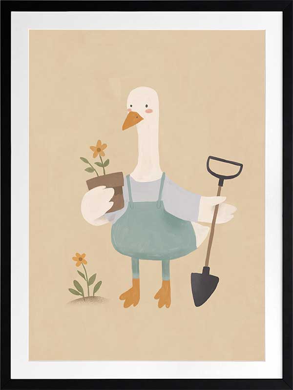 A goose in blue coveralls holds a flower pot and shovel among tiny blossoms, from the Little Tails Collection by Urban Road.