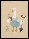 A goose in blue coveralls holds a flower pot and shovel among tiny blossoms, from the Little Tails Collection by Urban Road.