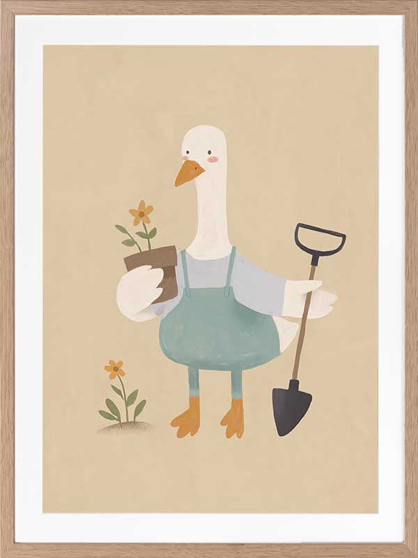A goose in blue coveralls holds a flower pot and shovel among tiny blossoms, from the Little Tails Collection by Urban Road.