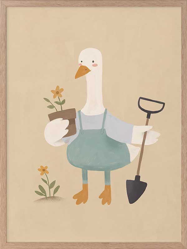 A goose in blue coveralls holds a flower pot and shovel among tiny blossoms, from the Little Tails Collection by Urban Road.