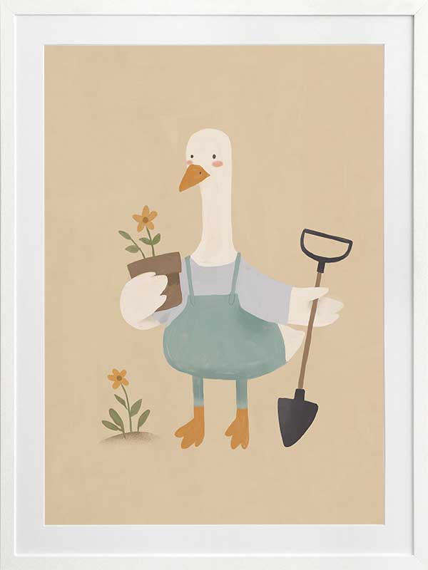 A goose in blue coveralls holds a flower pot and shovel among tiny blossoms, from the Little Tails Collection by Urban Road.
