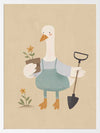 A goose in blue coveralls holds a flower pot and shovel among tiny blossoms, from the Little Tails Collection by Urban Road.