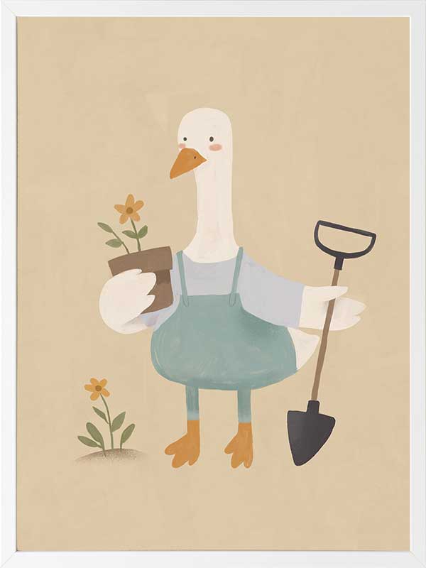 A goose in blue coveralls holds a flower pot and shovel among tiny blossoms, from the Little Tails Collection by Urban Road.