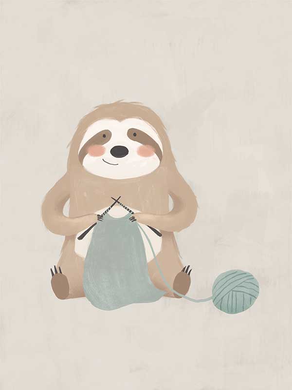 A relaxed sloth sits knitting with a ball of yarn in soft grey-brown tones, from the Little Tails Collection by Urban Road.