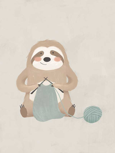 A relaxed sloth sits knitting with a ball of yarn in soft grey-brown tones, from the Little Tails Collection by Urban Road.