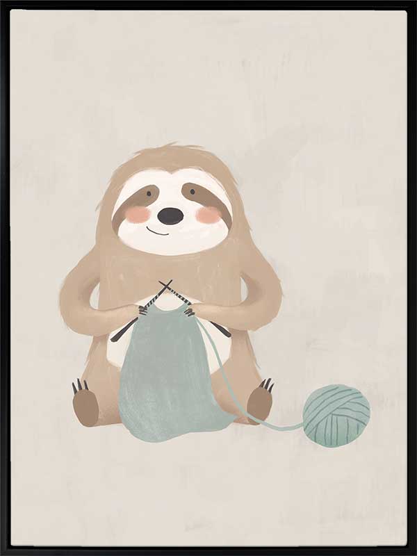 A relaxed sloth sits knitting with a ball of yarn in soft grey-brown tones, from the Little Tails Collection by Urban Road.