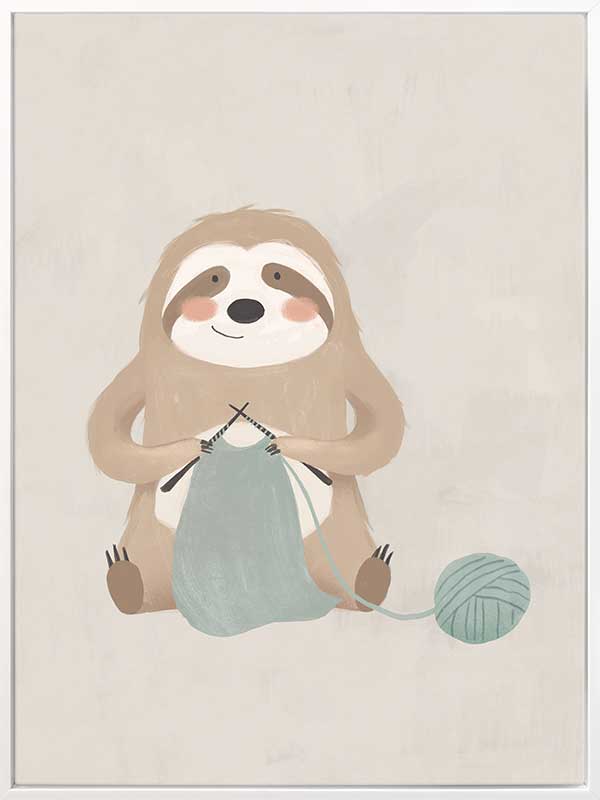 A relaxed sloth sits knitting with a ball of yarn in soft grey-brown tones, from the Little Tails Collection by Urban Road.