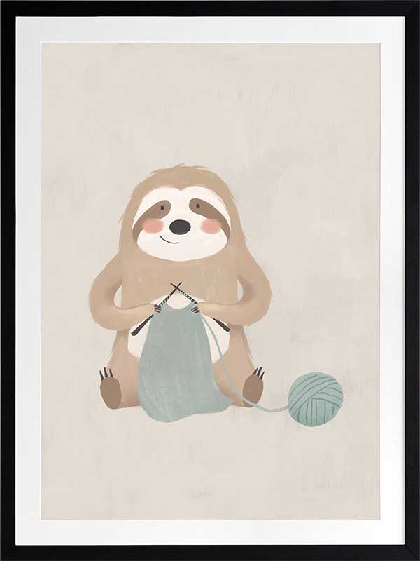 A relaxed sloth sits knitting with a ball of yarn in soft grey-brown tones, from the Little Tails Collection by Urban Road.