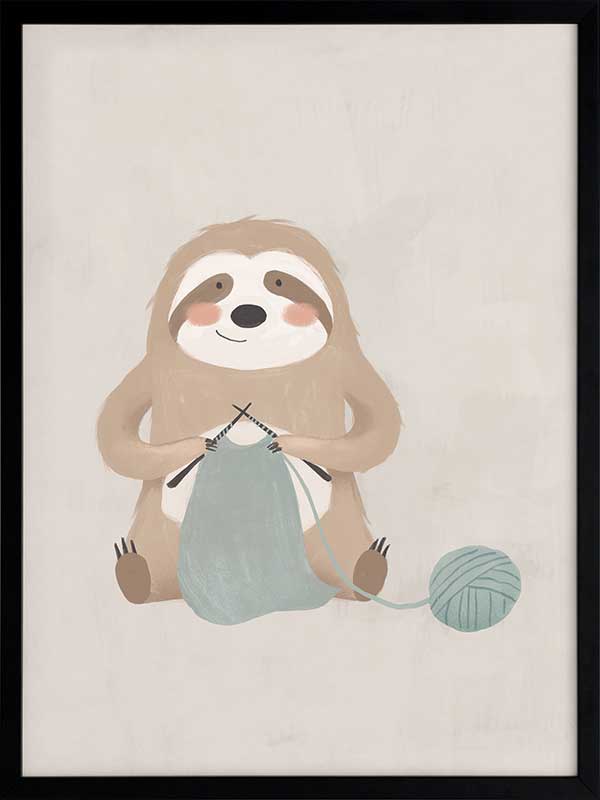 A relaxed sloth sits knitting with a ball of yarn in soft grey-brown tones, from the Little Tails Collection by Urban Road.