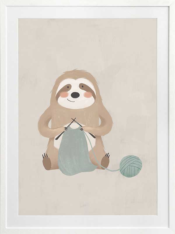 A relaxed sloth sits knitting with a ball of yarn in soft grey-brown tones, from the Little Tails Collection by Urban Road.