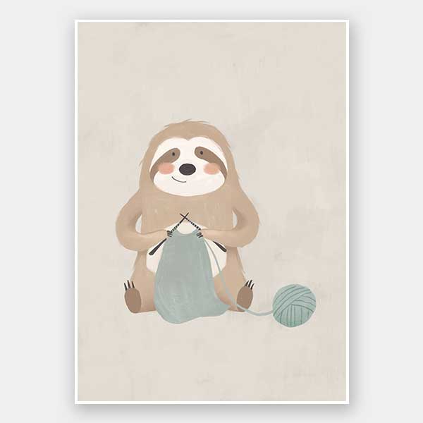 A relaxed sloth sits knitting with a ball of yarn in soft grey-brown tones, from the Little Tails Collection by Urban Road.