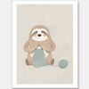 A relaxed sloth sits knitting with a ball of yarn in soft grey-brown tones, from the Little Tails Collection by Urban Road.