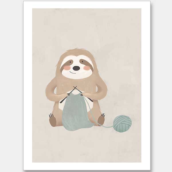 A relaxed sloth sits knitting with a ball of yarn in soft grey-brown tones, from the Little Tails Collection by Urban Road.