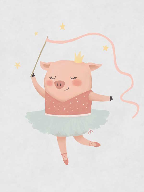 A pig ballerina in a tutu twirls a ribbon wand with tiny stars in blue and pink accents, from the Little Tails Collection by Urban Road.