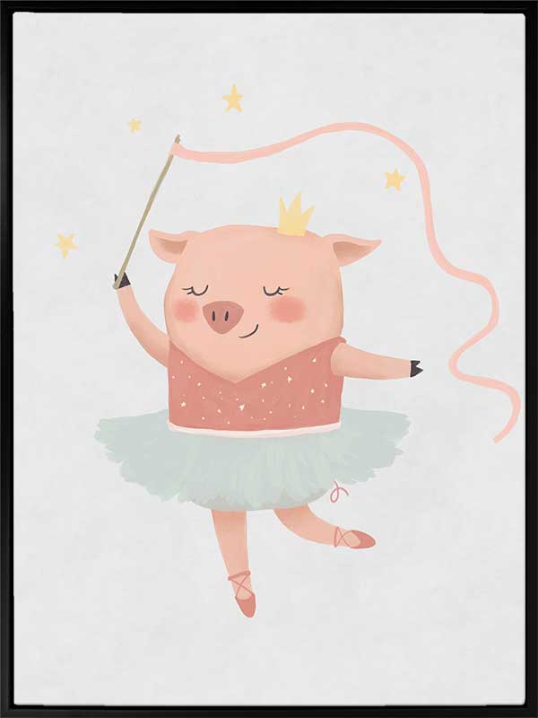 A pig ballerina in a tutu twirls a ribbon wand with tiny stars in blue and pink accents, from the Little Tails Collection by Urban Road.